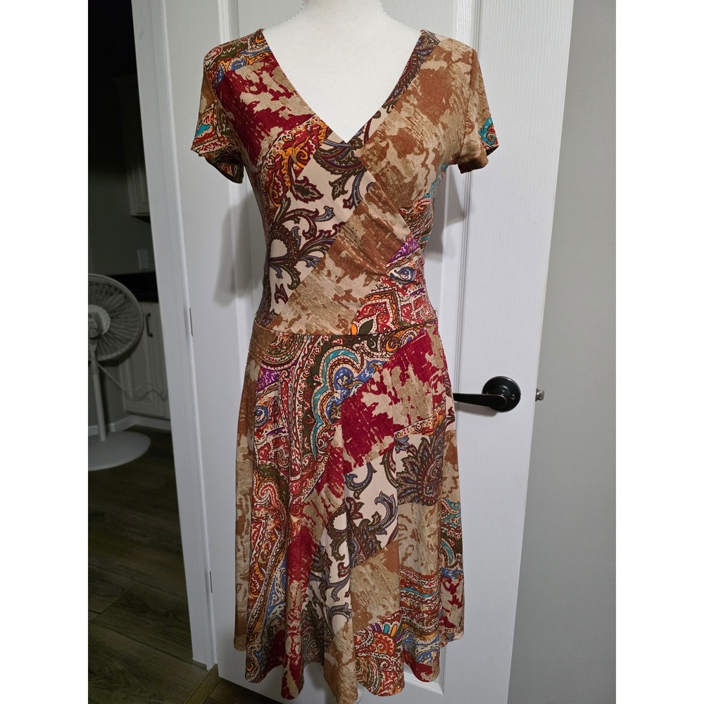 Lauren Ralph Lauren Dress Women PS Brown Paisley Faux Wrap Fit & Flare Stretch